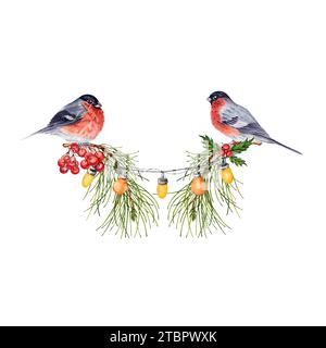 Composition de Noël avec des branches de pin, des lumières, des oiseaux de bullfinch et des baies de rowan. Elément de conception de bannière. Illustration aquarelle isolée Banque D'Images