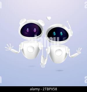 Deux robots de chat robot dans le style 3D. les robots de chat de fille et de garçon tiennent la main. Intelligence artificielle et technologie moderne concept.Tender sentiments entre robot Illustration de Vecteur