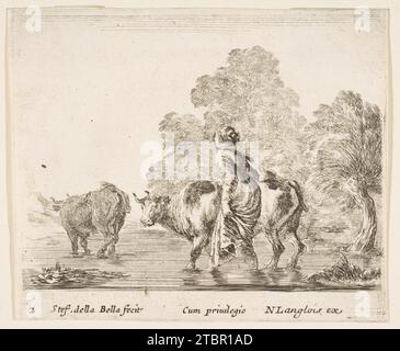 Une paysanne troupeau deux vaches à travers un ruisseau, marchant vers la gauche, planche 2 de 'Diversi capricci' 1917 de Stefano della Bella Banque D'Images