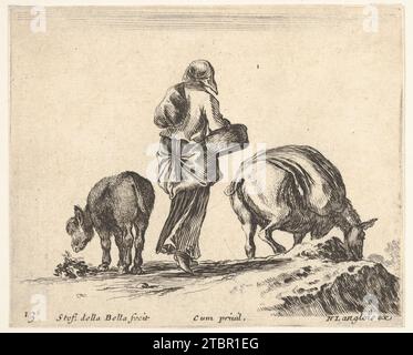 Planche 13 : une paysanne, vue de derrière, tenant un panier au centre, un âne à gauche et un cheval avec une meute sur le dos à droite, de 'Diversi capricci' 2012 de Stefano della Bella Banque D'Images