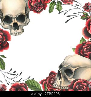 Crânes humains réalistes avec des roses noires et rouges, des feuilles vertes et des branches noires. Illustration à l'aquarelle dessinée à la main. Cadre effrayant, modèle pour Banque D'Images