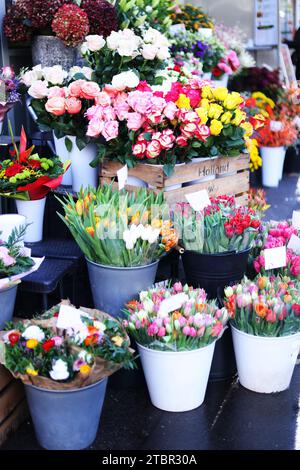 De magnifiques bouquets de tulipes colorées sur la vente de la fleuriste pour le marché aux fleurs Banque D'Images