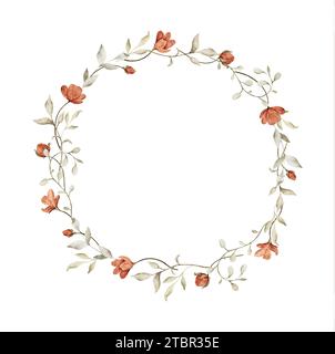 Couronne de cercle floral avec des fleurs et des feuilles vintage rouges. Style rétro. Illustrations à l'aquarelle. Modèle pour cartes postales, affiches, bannière, douche de bébé, Banque D'Images