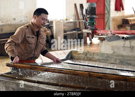 (231208) -- JINGXIAN, 8 déc. 2023 (Xinhua) -- Guan Jiaming plonge un moule en bois dans un réservoir pour collecter de la pâte à papier dans un atelier de papier Xuan dans le comté de Jingxian, dans la province d'Anhui, dans l'est de la Chine, le 7 décembre 2023. Le papier Xuan, un type de papier fait à la main, a été produit à l'origine dans la Chine ancienne et utilisé pour la calligraphie chinoise et les peintures. La procédure de fabrication du papier Xuan a été classée patrimoine culturel mondial immatériel par l'UNESCO en 2009. Jingxian, un comté sous la ville de Xuancheng dans la province d'Anhui, est l'endroit même où le papier Xuan a été inventé. Guan Jiaming, responsable du moule à papier Banque D'Images