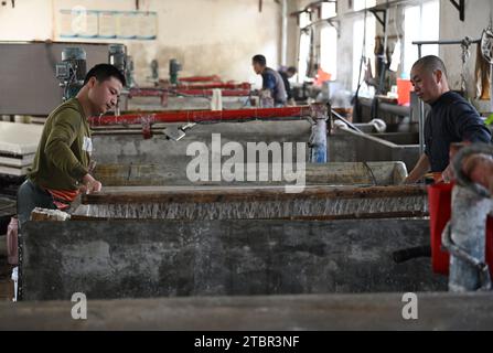 (231208) -- JINGXIAN, 8 déc. 2023 (Xinhua) -- Guan Jiaming (L) et son collègue plongent un moule en bois dans un réservoir pour collecter de la pâte à papier dans un atelier de papier Xuan dans le comté de Jingxian, dans la province d'Anhui, dans l'est de la Chine, le 6 décembre 2023. Le papier Xuan, un type de papier fait à la main, a été produit à l'origine dans la Chine ancienne et utilisé pour la calligraphie chinoise et les peintures. La procédure de fabrication du papier Xuan a été classée patrimoine culturel mondial immatériel par l'UNESCO en 2009. Jingxian, un comté sous la ville de Xuancheng dans la province d'Anhui, est l'endroit même où le papier Xuan a été inventé. Guan Jiaming, qui est en char Banque D'Images