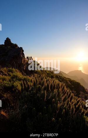 Randonneurs au lever du soleil sur Pico Arieiro, Miradouro do Ninho da Manta, Madère, Portugal, Europe Banque D'Images