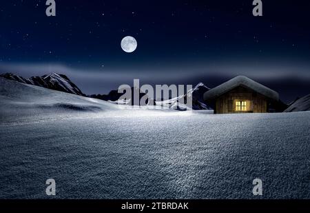 Cabane d'hiver couverte de neige sur une nuit étoilée Banque D'Images