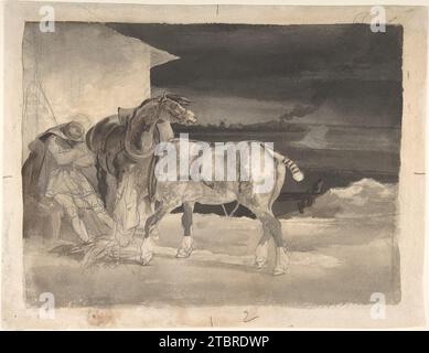 Two Draft Horses with a Sleeping Driver 1996 de Theodore Gericault Banque D'Images