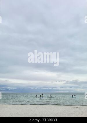 Allemagne, Mecklenburg-Vorpommern, péninsule Fischland-Darß-Zingst, plusieurs adolescents sur des planches de SUP dans l'eau de mer sur la plage de Prerow Banque D'Images
