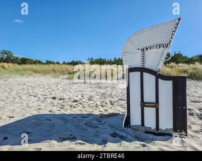 Chaise de plage blanche se tient à la lumière du soleil sur le sable léger, jour d'été à Prerow sur la mer Baltique, péninsule Fischland-Darß-Zingst, Mecklembourg-Poméranie occidentale, Allemagne Banque D'Images