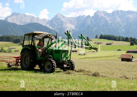 Deutz D 4506 tracteur avec peigne rotatif, cylindrée 2808 cm3, 40 cv, année de construction 1980, fenaison, Allemagne, Bavière, haute-Bavière, Werdenfe Banque D'Images