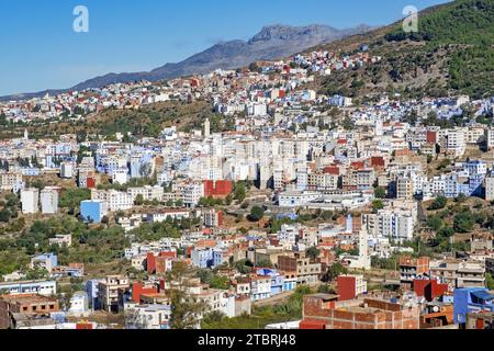 Vue aérienne sur la ville Chefchaouen / Chaouen, Tanger-Tétouan-Al Hoceima, Maroc Banque D'Images