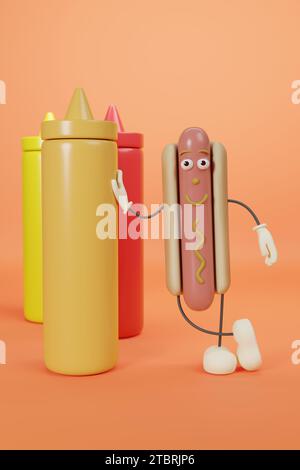 Personnage drôle de hot-dog de dessin animé appuyé sur un récipient de moutarde. illustration 3d. Banque D'Images
