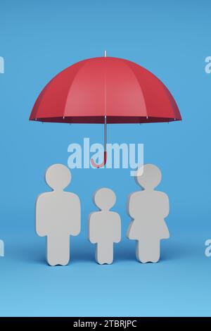 Figurines d'une famille sous un parapluie sur fond bleu. Concept de sécurité. illustration 3d. Banque D'Images