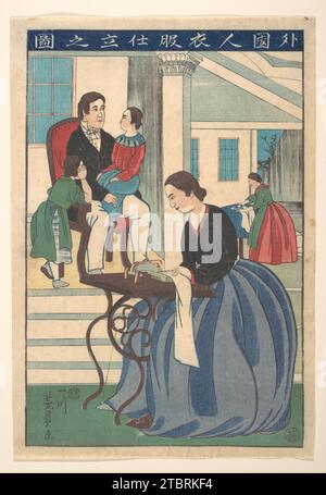 Famille étrangère avec femme faisant des vêtements (Gaikokujin ifuku shitate no zu) 2007 par Utagawa Yoshikazu Banque D'Images