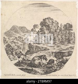 Planche 10 : un cheval couché au centre, une vache et deux chèvres à droite, deux bergers assis à gauche, une cascade et une montagne à gauche en arrière-plan, une composition ronde, tirée de paysages et ruines romains (paysages et ruines de Rome) 2012 de Stefano della Bella Banque D'Images