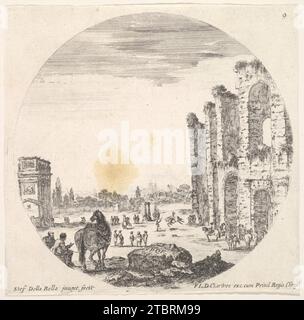 Planche 9 : l'Arc de Constantin à gauche, vu de côté, une partie du Colisée à droite, divers chevaux et figures en premier plan et en arrière-plan, une composition ronde, tirée de paysages et ruines romains (paysages et ruines de Rome) 2012 de Stefano della Bella Banque D'Images