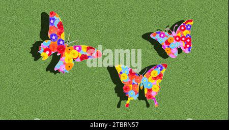 Papillons, silhouette, fleurs, illustration, graphique, coloré, coloré, différentes espèces, sur un fond vert, volant au soleil avec des ombres Banque D'Images