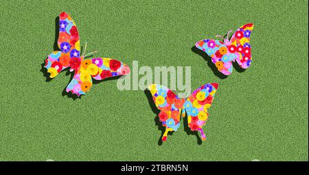 Papillons, silhouette, fleurs, illustration, graphique, coloré, coloré, différentes espèces, sur un fond vert, volant au soleil avec des ombres Banque D'Images