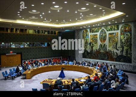 New York, États-Unis, 8 décembre 2023. Le Secrétaire général de l'ONU Antonio Guterres s'adresse à une réunion du Conseil de sécurité de l'ONU sur la situation au Moyen-Orient, y compris la question palestinienne. Crédit : Enrique Shore/Alamy Live News Banque D'Images