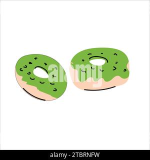 Thé vert Matcha Donuts avec garniture. Illustration vectorielle isolée. Peut être utilisé pour l'icône douce, stikers, fond de menu, cartes, étiquettes de prix, imprimer. Illustration de Vecteur