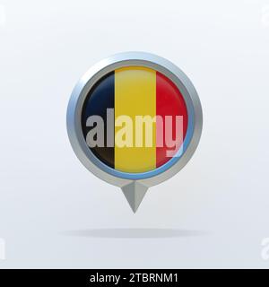 Icône en métal du drapeau national de Belgique avec un indicateur de localisation. Sur un fond blanc avec une ombre. Rendu 3D. Banque D'Images