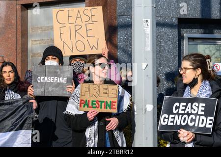 New York, États-Unis, 8 décembre 2023. Un petit groupe de manifestants pro-palestiniens réclament un cessez-le-feu en dehors des Nations Unies, où le Conseil de sécurité des Nations Unies se réunissait sur la situation au Moyen-Orient. Crédit : Enrique Shore/Alamy Live News Banque D'Images