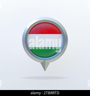 Icône en métal du drapeau national de la Hongrie avec un indicateur de localisation. Sur un fond blanc avec une ombre. Rendu 3D. Banque D'Images