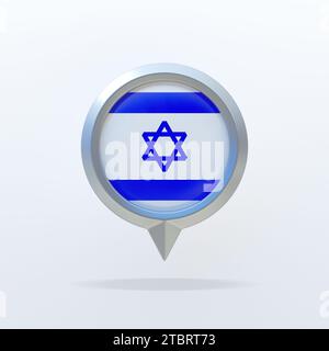 Icône en métal du drapeau national de l'Israël avec un indicateur de localisation. Sur un fond blanc avec une ombre. Rendu 3D. Banque D'Images