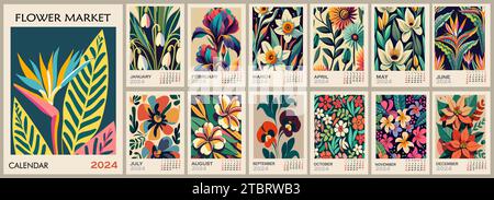 Modèle de calendrier floral pour 2024 art vectoriel Illustration de Vecteur