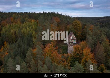 Au milieu de la forêt de Rieseneck, près des terrains de chasse, un bâtiment très spécial sort de la cime des arbres. La forme de tour de la Herzogstuhl en fait une destination de randonnée extrêmement attrayante. Banque D'Images