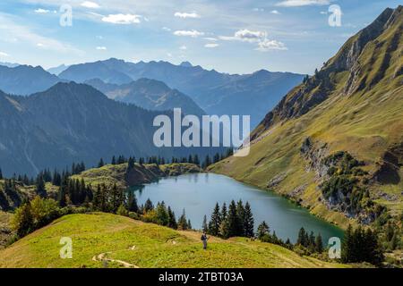 Vue sur le Seealpsee, Alpes de Allgäu dans la région de randonnée Nebelhorn, Oberstdorf, Oberallgäu, Alpes, Alpes bavaroises, Allgäu, Souabe, Bavière, Allemagne Banque D'Images