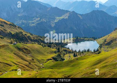 Vue du Zeigersattel au Seealpsee et au Hintere Seealpe, Alpes de Allgäu dans la région de randonnée Nebelhorn, Oberstdorf, Oberallgäu, Alpes, Alpes bavaroises, Allgäu, Souabe, Bavière, Allemagne Banque D'Images