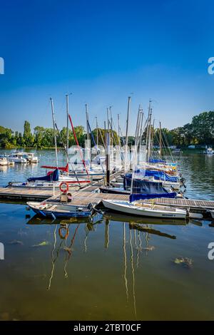 Allemagne, Hesse, Wiesbaden - Schierstein, Schiersteiner Hafen, zone de loisirs locale avec des installations portuaires, promenade en bord de mer, auberges et restaurants de poissons, également connu sous le nom de Schiersteiner Riviera, amarrages de bateaux pour bateaux à moteur et voiliers Banque D'Images