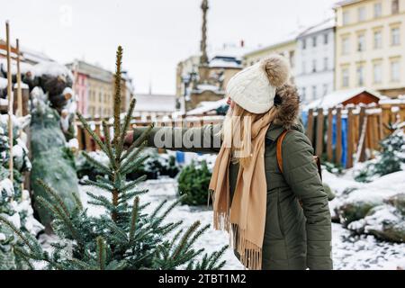 La femme choisit et achète l'arbre de Noël au marché équitable de la ville. Préparation pour les vacances de Noël et la veille du nouvel an Banque D'Images