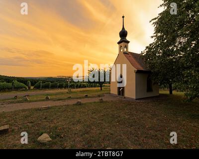 Petite chapelle dans les vignes près de Lindach am main au coucher du soleil, quartier de Schweinfurt, Basse-Franconie, Franconie, Bavière, Allemagne Banque D'Images