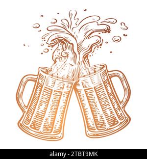 Tiré à la main deux tasses à bière grillées, Cheers. Tasses en verre clinking. Oktoberfest, illustration vectorielle Illustration de Vecteur