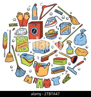 Ensemble de couleurs dessinées à la main d'équipements de nettoyage, éponge, spray, balai, seau dans un cercle. Style d'esquisse Doodle. Nettoyer Outils bannière dessinée à la main Illustration de Vecteur