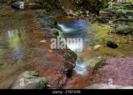 Le ruisseau Feldbach dans la gorge de Kaskadenschlucht près de Sandberg, ville de Gersfeld, Réserve de biosphère de Rhön, Hesse, Allemagne Banque D'Images