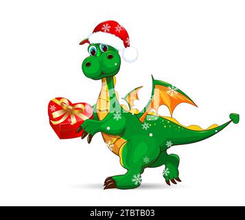 Un dragon vert de dessin animé marche vêtu d'un chapeau de Père Noël, tenant une boîte cadeau dans ses pattes. Un dino vert sur fond blanc. Illustration de Vecteur