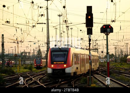 Allemagne, Hesse, Francfort, gare principale, système de voies, train local, soirée Banque D'Images