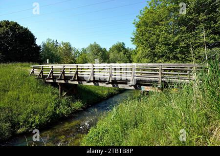 Allemagne, Bavière, haute-Bavière, Neuötting, aire de loisirs, AM Bärenbach, pont en bois, passerelle, ruisseau, arbres à feuilles caduques, meadow Banque D'Images