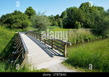 Allemagne, Bavière, haute-Bavière, Neuötting, aire de loisirs, AM Bärenbach, pont en bois, passerelle, ruisseau, arbres à feuilles caduques, buissons, prairie Banque D'Images