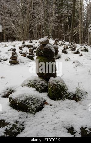 Un mélange d'éléments de la nature : neige et mousse recouvrent ces rochers empilés, dévoilant une aura mystique dans les paysages enneigés de Latvija. Banque D'Images