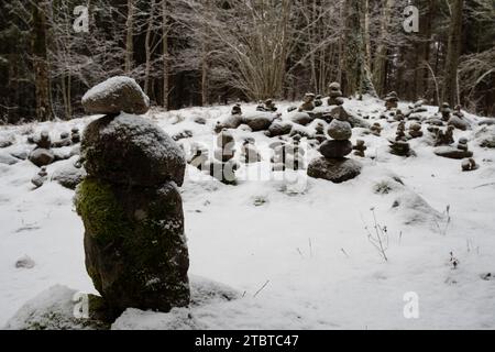 Dans l'étreinte de la forêt enneigée, des rochers empilés ornés de neige et de mousse se dressent comme les gardiens d'un monde mystique à Dobele, Latvija. Banque D'Images