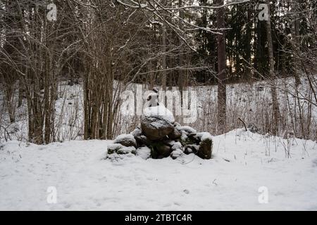 Découverte de l'art de la nature : neige et roches couvertes de mousse empilées mystiquement, chuchotant des histoires de magie tranquille dans l'étreinte enneigée de Pokainu Mezs. Banque D'Images