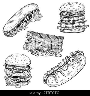 Croquis d'ensemble de Burger, cheeseburger, sandwich, hot-dogs Illustration de Vecteur