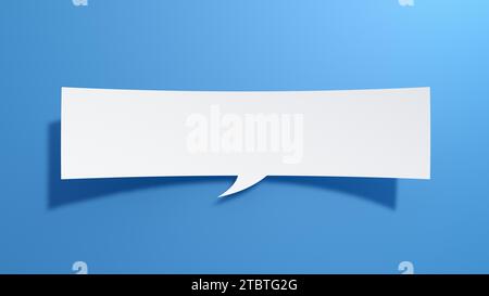 Longue bulle de parole vide. Design abstrait minimaliste avec papier découpé blanc sur fond bleu. Rendu 3D. Banque D'Images