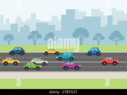 Voitures sur la route de la ville. Infrastructures urbaines et trafic de transport. Automobiles à cheval dans la mégalopole avec des gratte-ciel. Ville paysagère moderne avec bâtiment Illustration de Vecteur