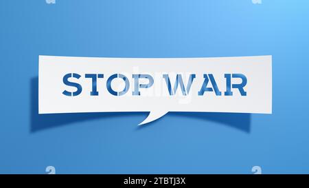 Stop War Speech Bubble. Design abstrait minimaliste avec papier découpé blanc sur fond bleu. Rendu 3D. Banque D'Images